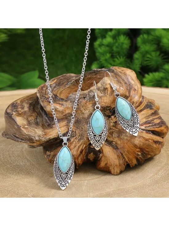 Jewelry - Elegant Silver and Turquoise Necklace and Earring Set